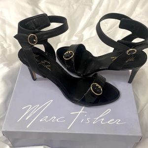 Marc Fisher Black Leather Malika 3 inch Heel, Size 10